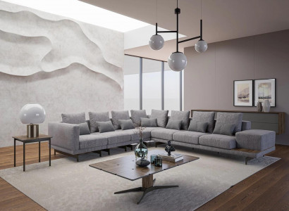 Luxury living room set textile upholstered sofa L-shape wood coffee table with side table